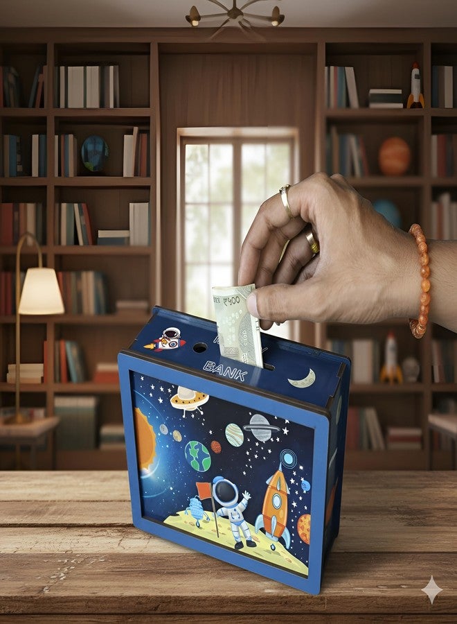 DARSHANAM WORLD Space Theme Money Bank for Kids | Baby Learning Piggy Bank | Cartoon Astronaut Rocket Design Coin & Cash Saving Box | Educational Gift for Children (Galaxy) - Image 4